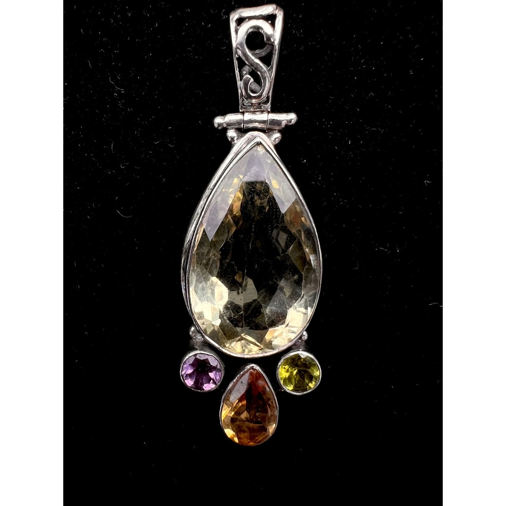 VTG 925 SS Multi Gemstone Pendant Teardrop Lemon Quartz Amethyst Citrine Peridot